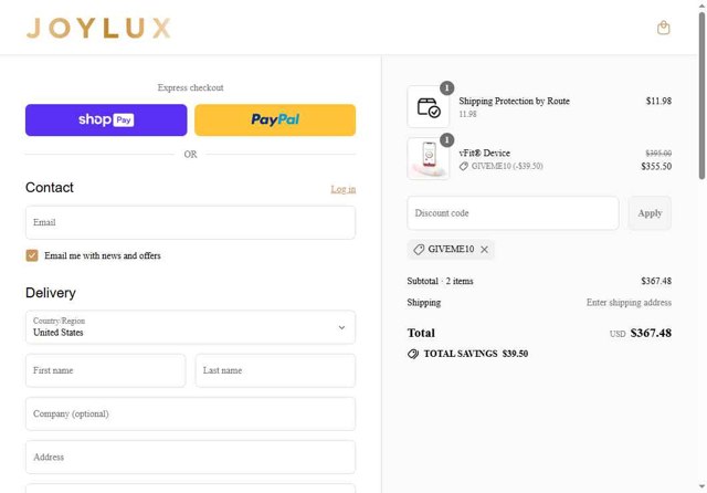 Joylux checkout page showing Joylux discount code box | Screenshot taken by SimplyCodes community member on Jul 17, 2025