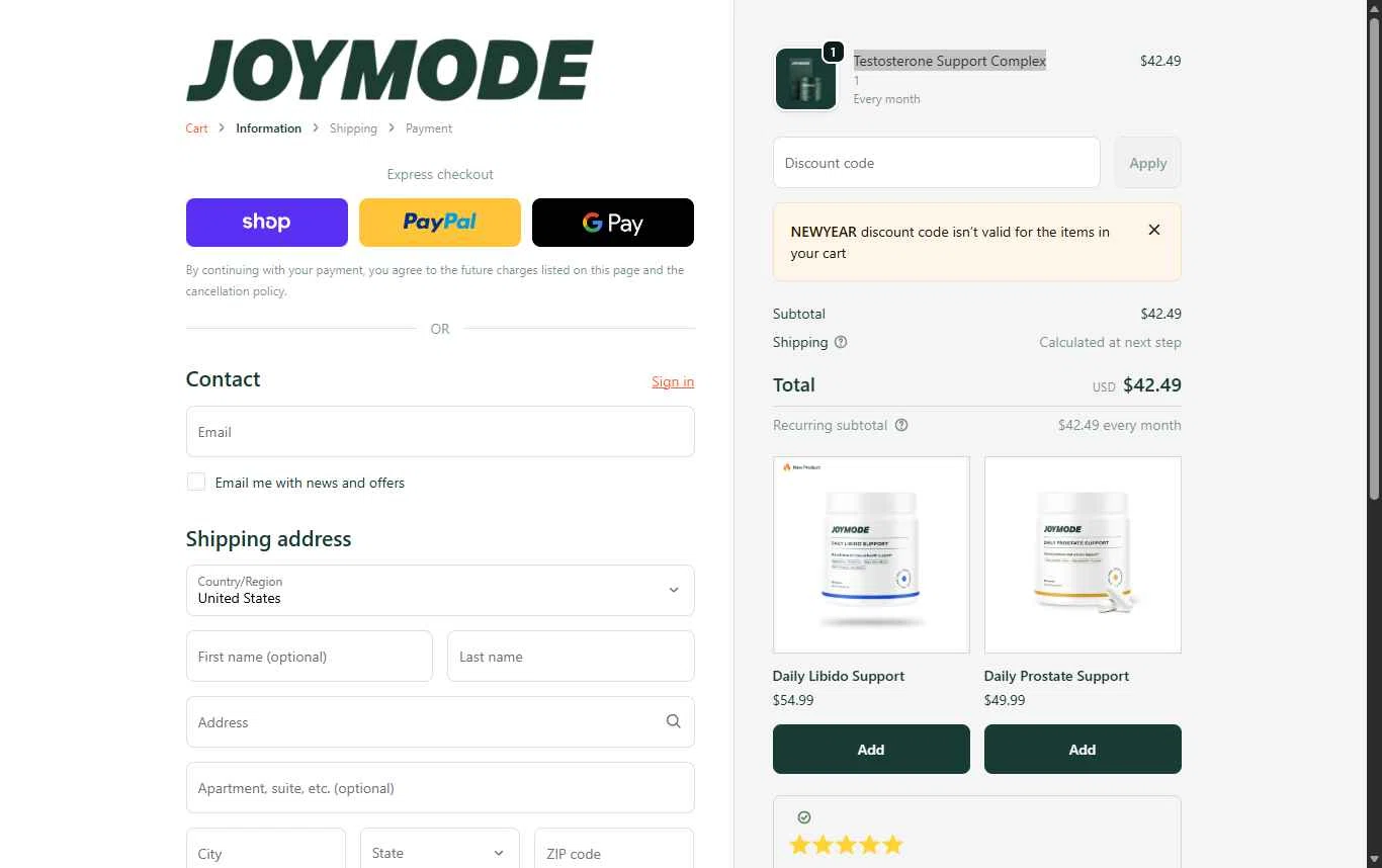 JOYMODE US checkout page showing JOYMODE US promo code box | Screenshot taken by SimplyCodes community member on Jan 4, 2026