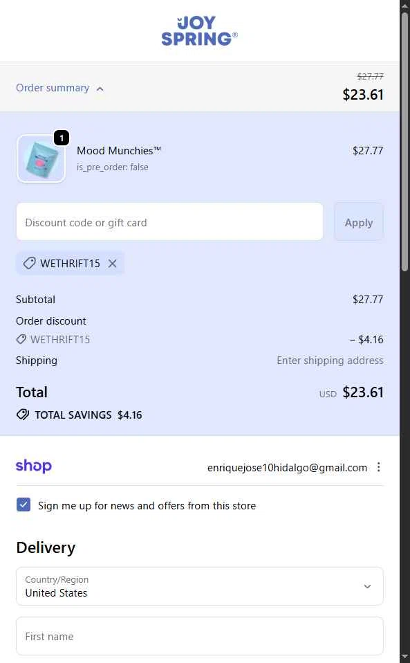 JoySpring checkout page showing JoySpring discount code box | Screenshot taken by SimplyCodes community member on Feb 6, 2026