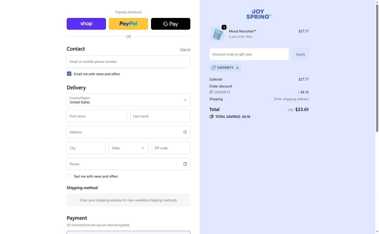 JoySpring checkout page showing JoySpring discount code box | Screenshot taken by SimplyCodes community member on Feb 6, 2026