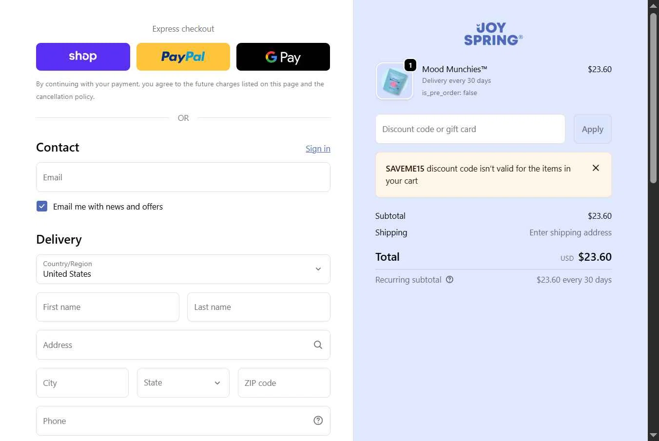 JoySpring checkout page showing JoySpring discount code box | Screenshot taken by SimplyCodes community member on Feb 6, 2026