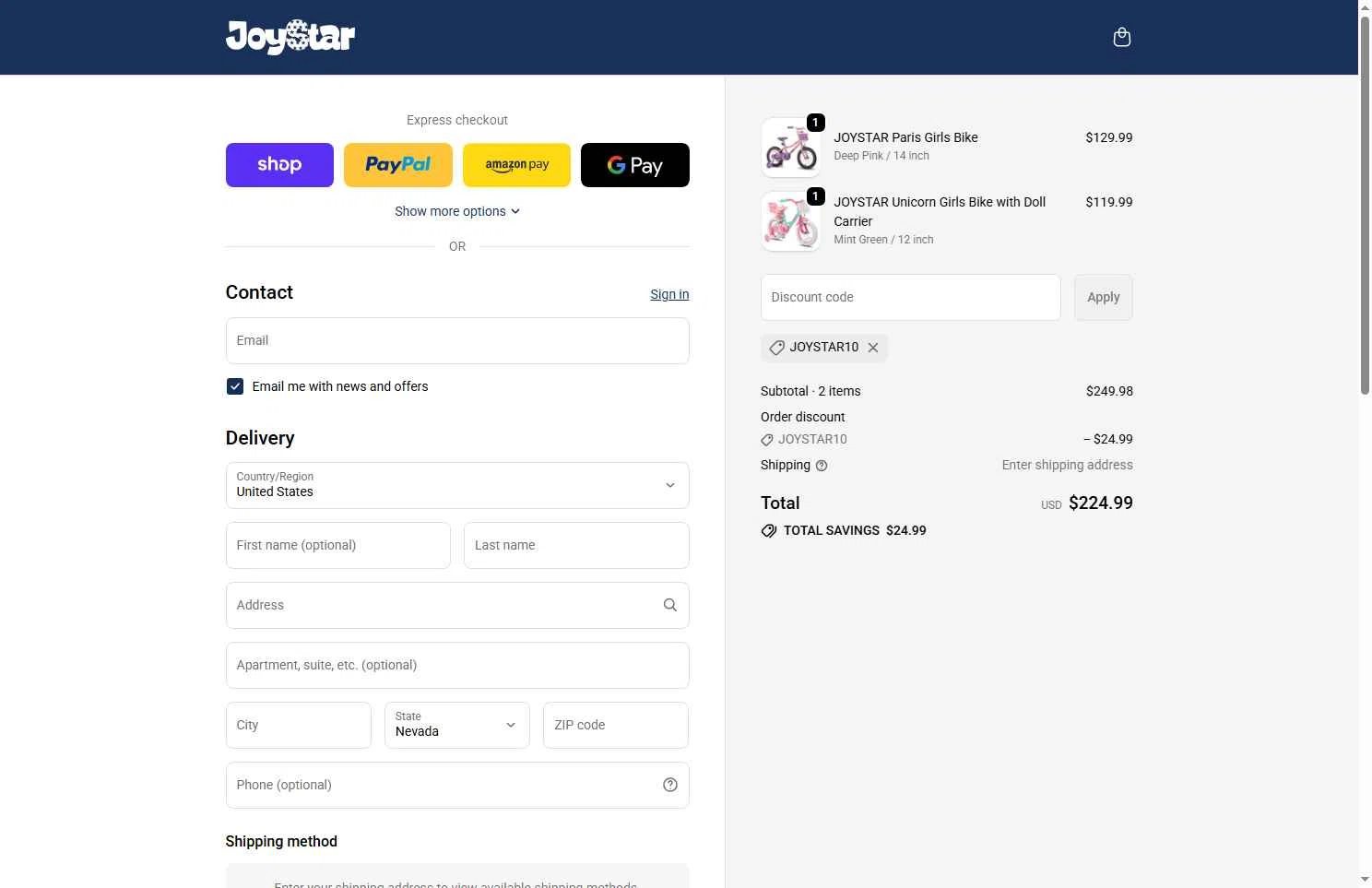 Joystar Bike checkout page showing Joystar Bike promo code box | Screenshot taken by SimplyCodes community member on Feb 12, 2026