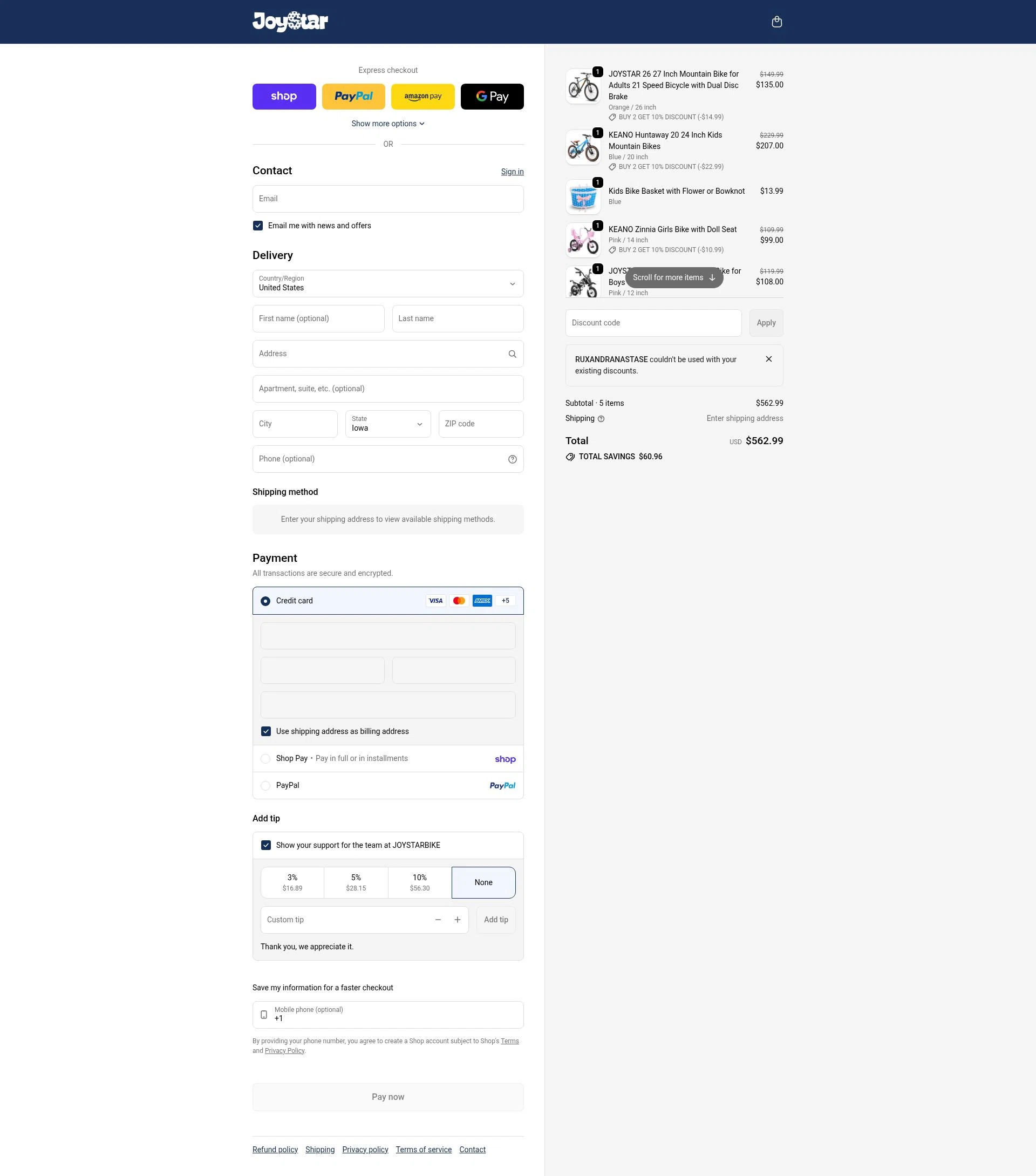 Joystar Bike checkout page showing Joystar Bike promo code box | Screenshot taken by SimplyCodes community member on Feb 20, 2026