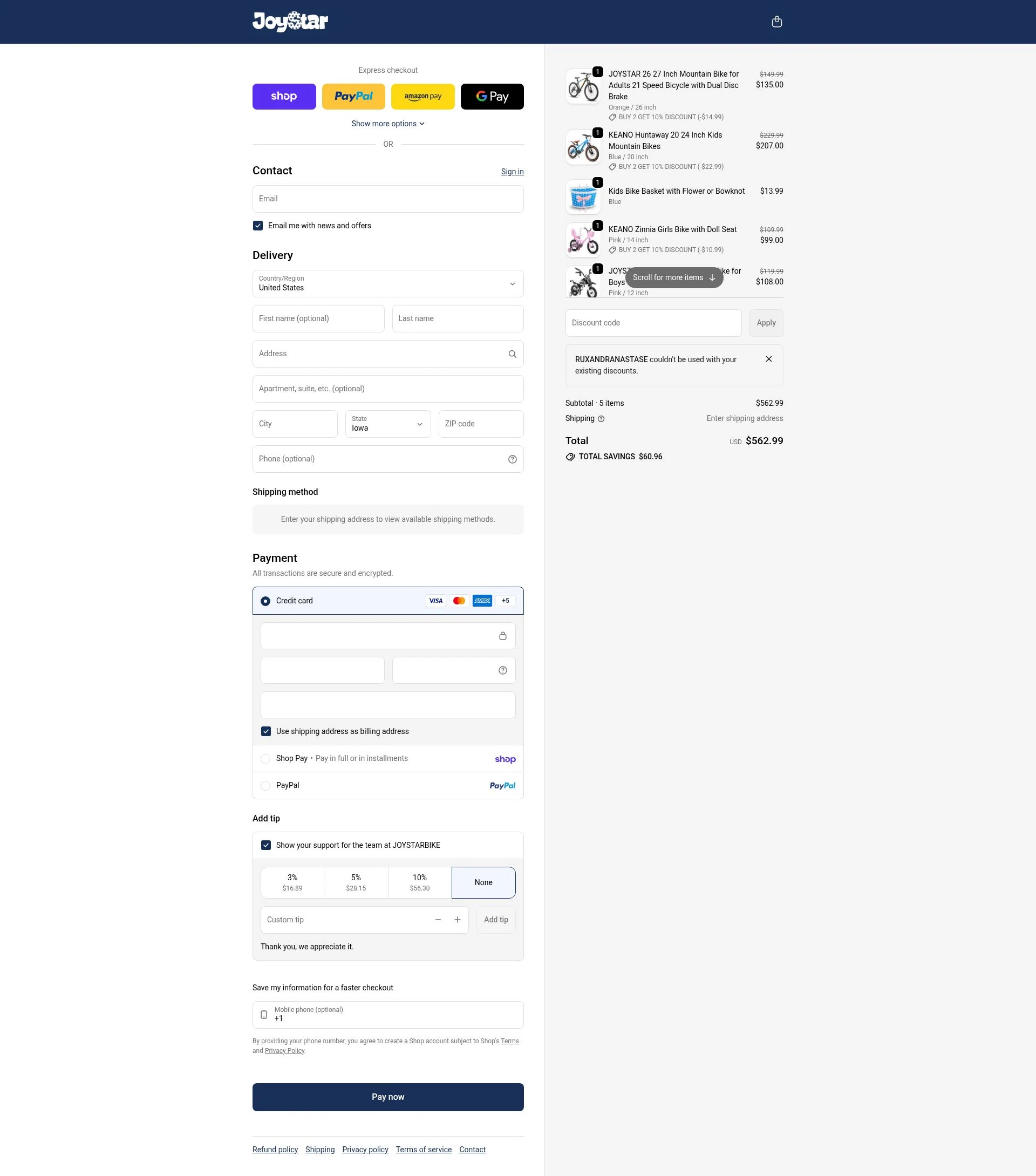 Joystar Bike checkout page showing Joystar Bike promo code box | Screenshot taken by SimplyCodes community member on Feb 16, 2026