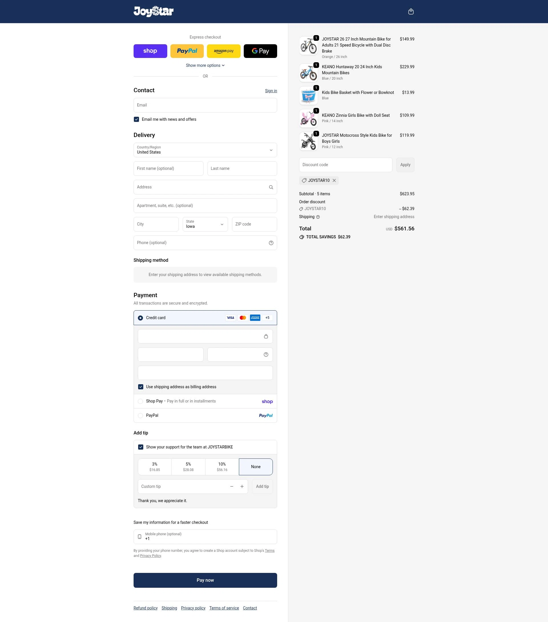 Joystar Bike checkout page showing Joystar Bike promo code box | Screenshot taken by SimplyCodes community member on Feb 16, 2026