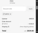 JOY15 coupon verification screenshot