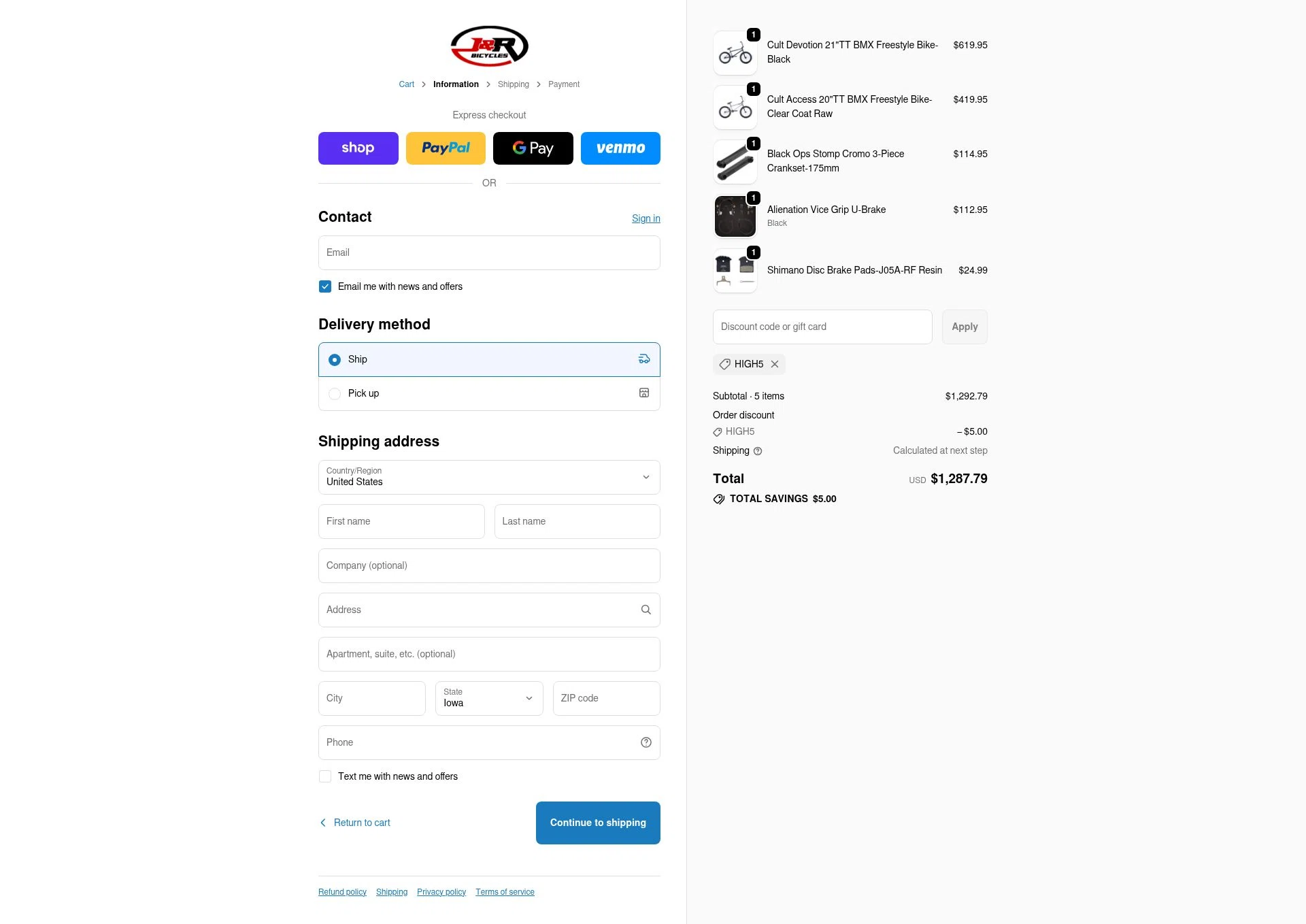 J&R BMX Superstore checkout page showing J&R BMX Superstore promo code box | Screenshot taken by SimplyCodes community member on Nov 15, 2025