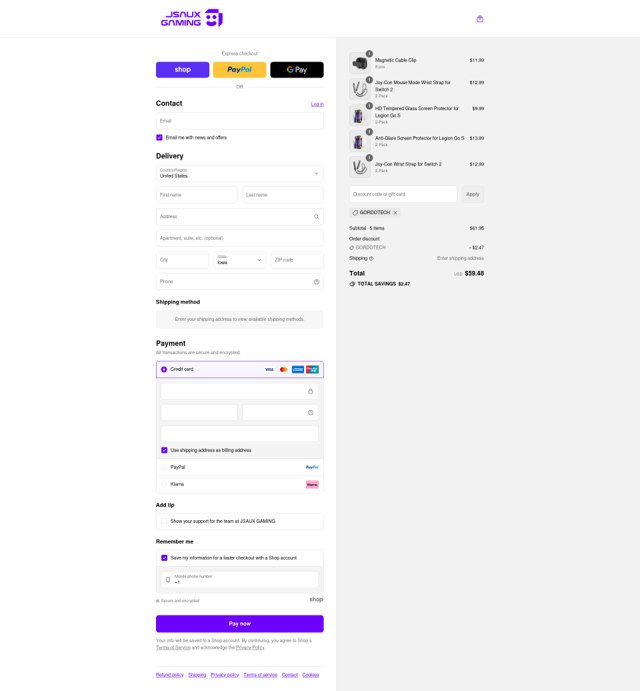 Jsaux checkout page showing Jsaux discount code box | Screenshot taken by SimplyCodes community member on Sep 2, 2025