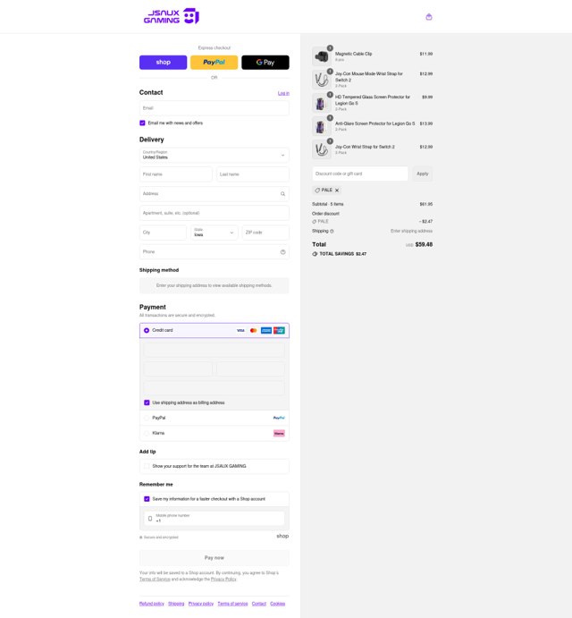 Jsaux checkout page showing Jsaux discount code box | Screenshot taken by SimplyCodes community member on Sep 2, 2025