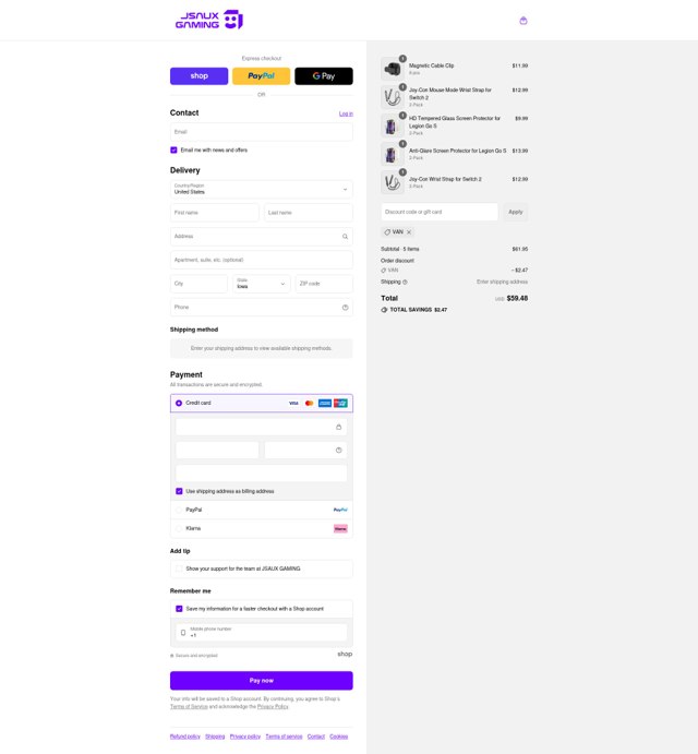 Jsaux checkout page showing Jsaux discount code box | Screenshot taken by SimplyCodes community member on Sep 2, 2025
