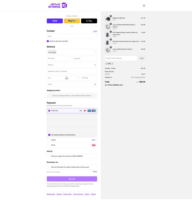 Jsaux checkout page showing Jsaux discount code box | Screenshot taken by SimplyCodes community member on Sep 2, 2025