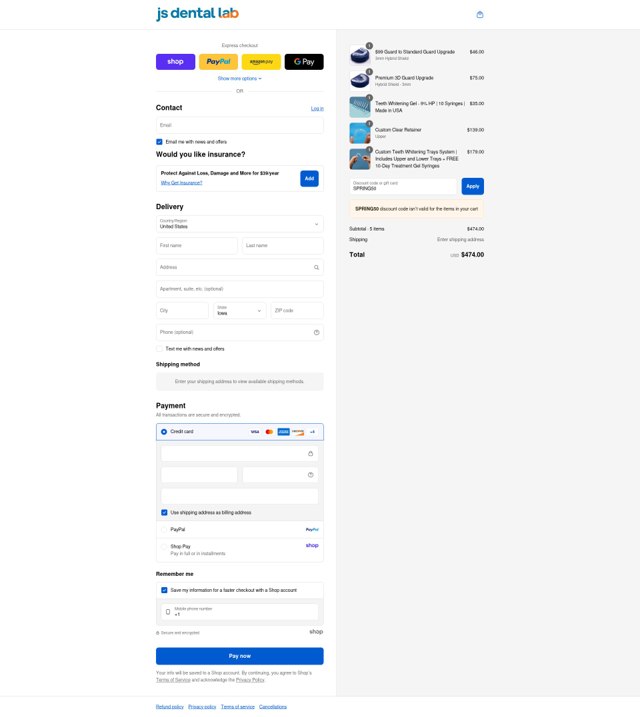 JS Dental Lab checkout page showing JS Dental Lab promo code box | Screenshot taken by SimplyCodes community member on Aug 28, 2025