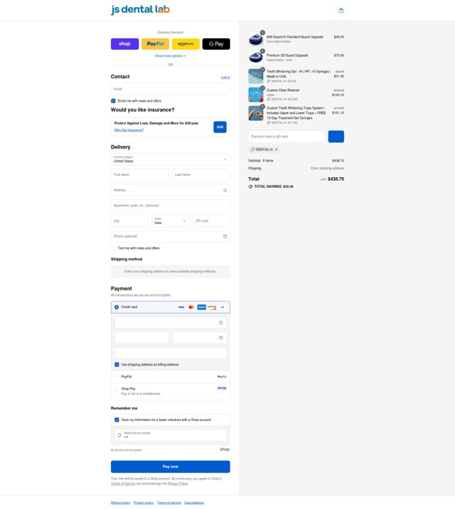 JS Dental Lab checkout page showing JS Dental Lab promo code box | Screenshot taken by SimplyCodes community member on Sep 2, 2025