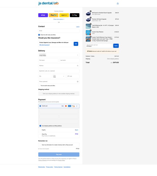 JS Dental Lab checkout page showing JS Dental Lab promo code box | Screenshot taken by SimplyCodes community member on Aug 28, 2025