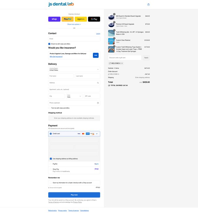 JS Dental Lab checkout page showing JS Dental Lab promo code box | Screenshot taken by SimplyCodes community member on Sep 2, 2025