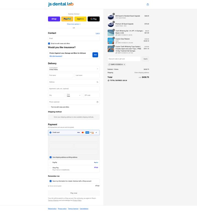 JS Dental Lab checkout page showing JS Dental Lab promo code box | Screenshot taken by SimplyCodes community member on Sep 2, 2025