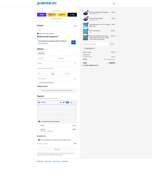 JS Dental Lab checkout page showing JS Dental Lab promo code box | Screenshot taken by SimplyCodes community member on Sep 2, 2025