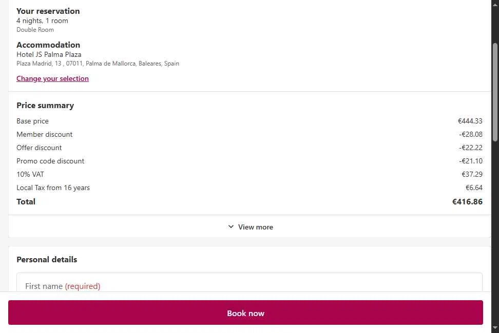 JS Hotels checkout page showing JS Hotels promo code box | Screenshot taken by SimplyCodes community member on Nov 14, 2025