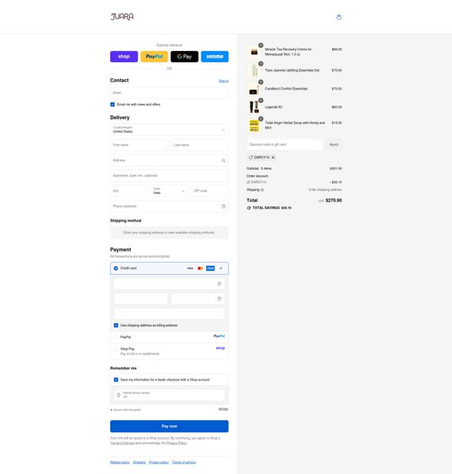 JUARA Skincare checkout page showing JUARA Skincare coupon code box | Screenshot taken by SimplyCodes community member on Sep 16, 2025