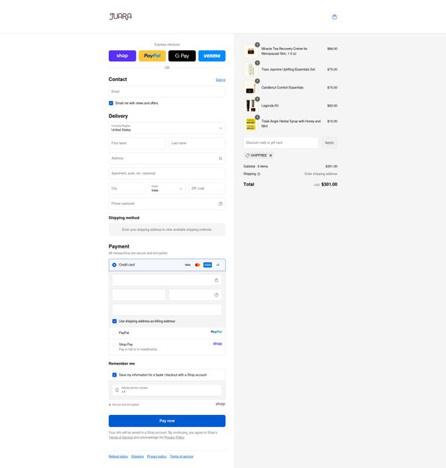 JUARA Skincare checkout page showing JUARA Skincare coupon code box | Screenshot taken by SimplyCodes community member on Sep 16, 2025