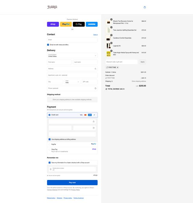JUARA Skincare checkout page showing JUARA Skincare coupon code box | Screenshot taken by SimplyCodes community member on Sep 16, 2025