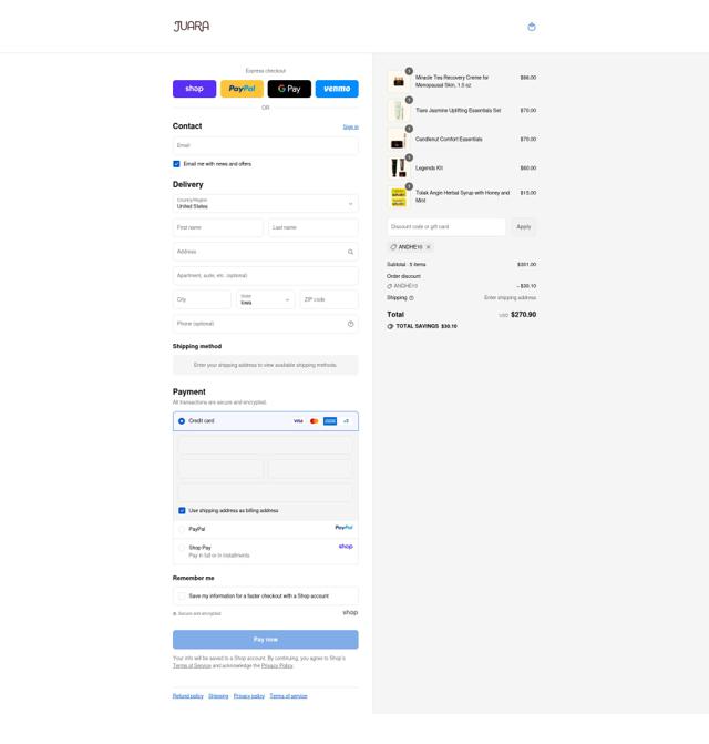 JUARA Skincare checkout page showing JUARA Skincare coupon code box | Screenshot taken by SimplyCodes community member on Sep 16, 2025