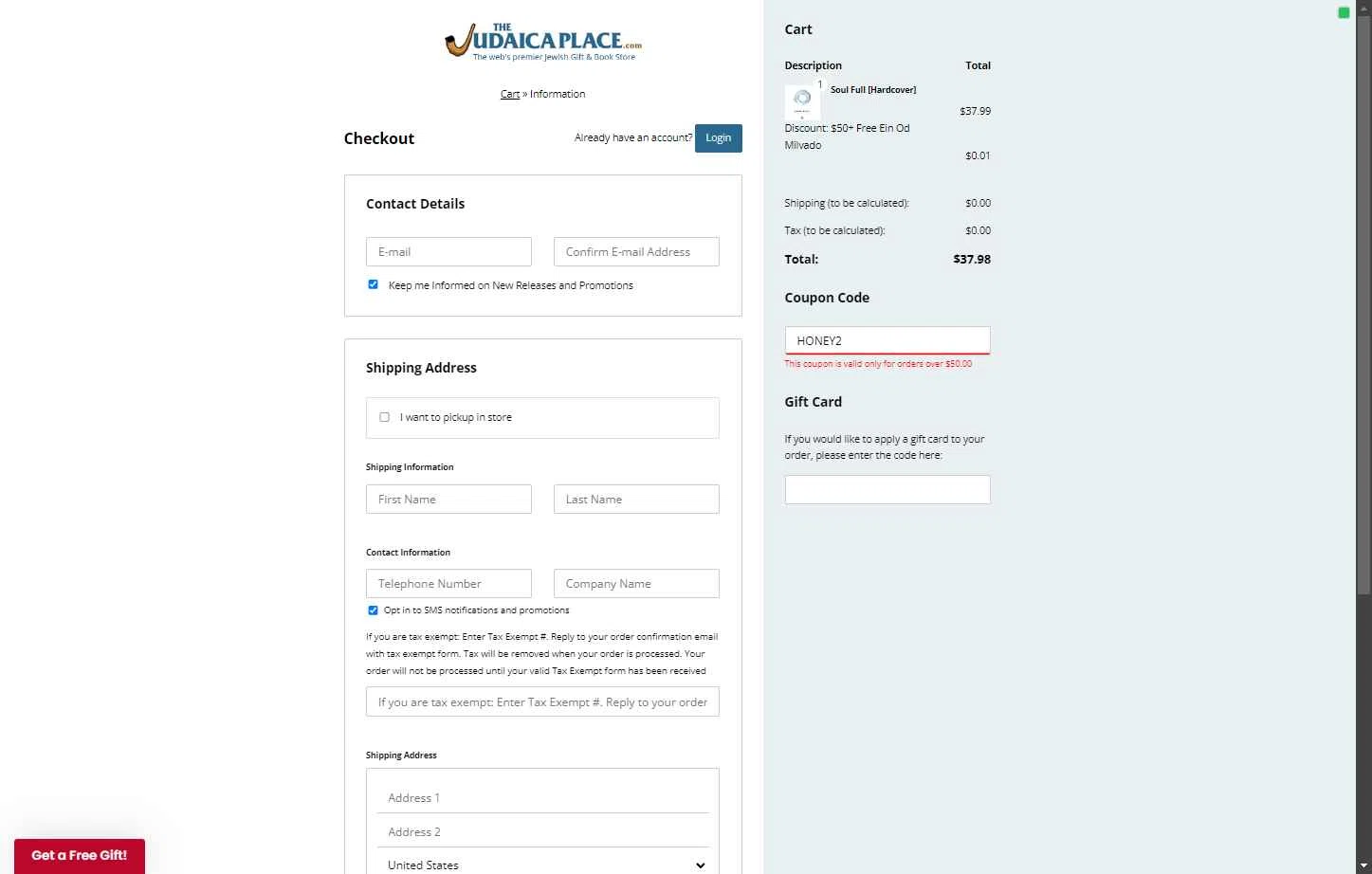 The Judaica Place checkout page showing The Judaica Place promo code box | Screenshot taken by SimplyCodes community member on Sep 19, 2025