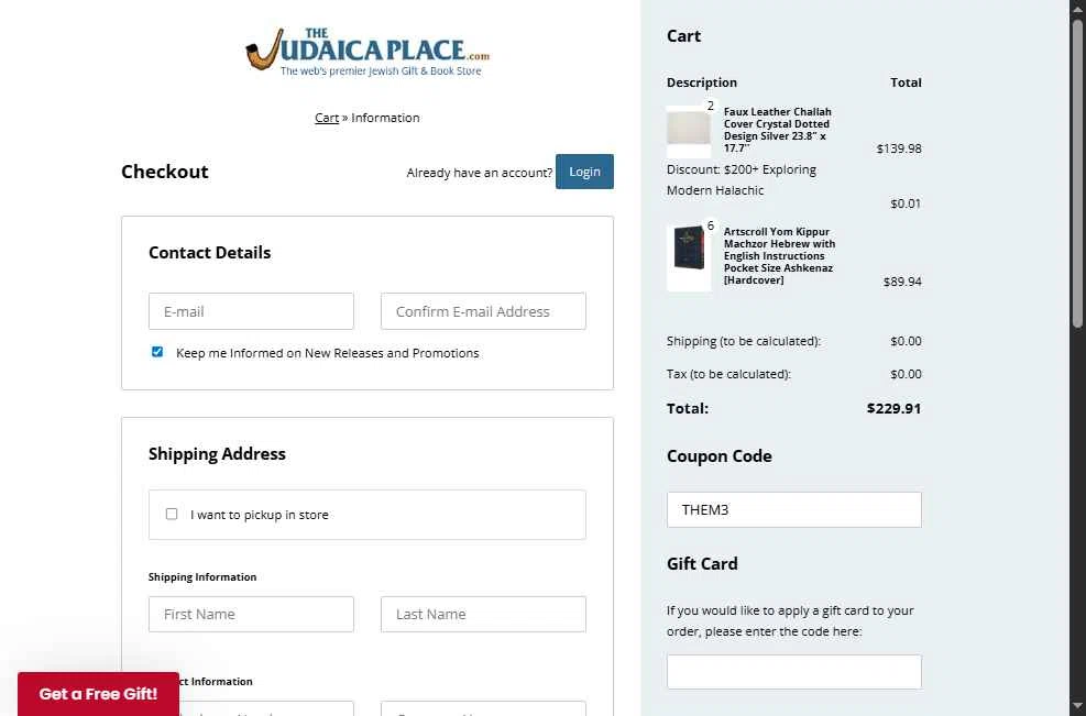 The Judaica Place checkout page showing The Judaica Place promo code box | Screenshot taken by SimplyCodes community member on Sep 19, 2025