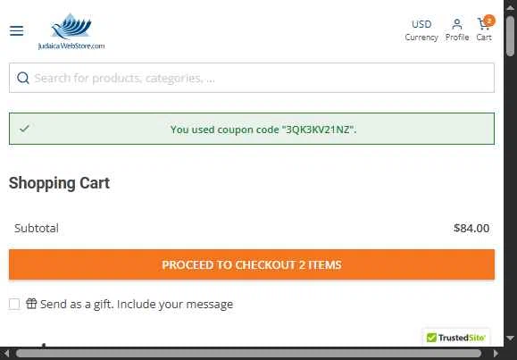 Judaica Web Store checkout page showing Judaica Web Store promo code box | Screenshot taken by SimplyCodes community member on Oct 28, 2025