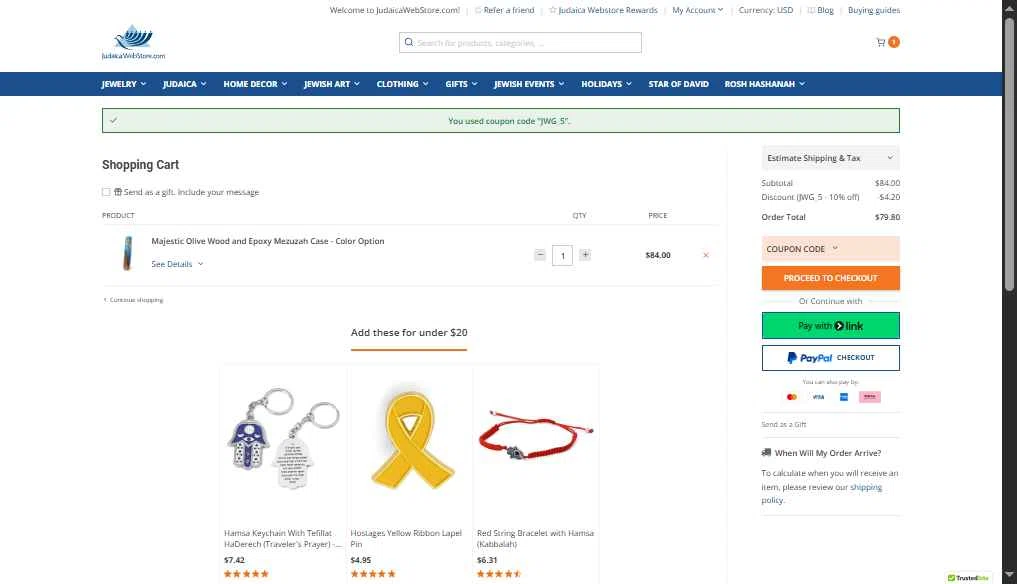 Judaica Web Store checkout page showing Judaica Web Store promo code box | Screenshot taken by SimplyCodes community member on Sep 22, 2025