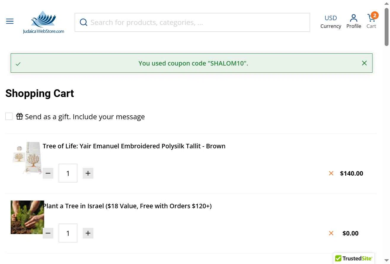 Judaica Web Store checkout page showing Judaica Web Store promo code box | Screenshot taken by SimplyCodes community member on Feb 5, 2026