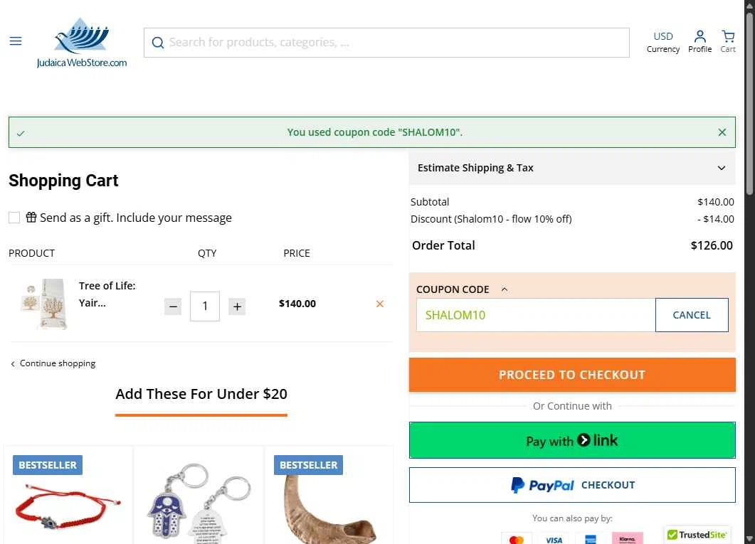 Judaica Web Store checkout page showing Judaica Web Store promo code box | Screenshot taken by SimplyCodes community member on Jan 7, 2026