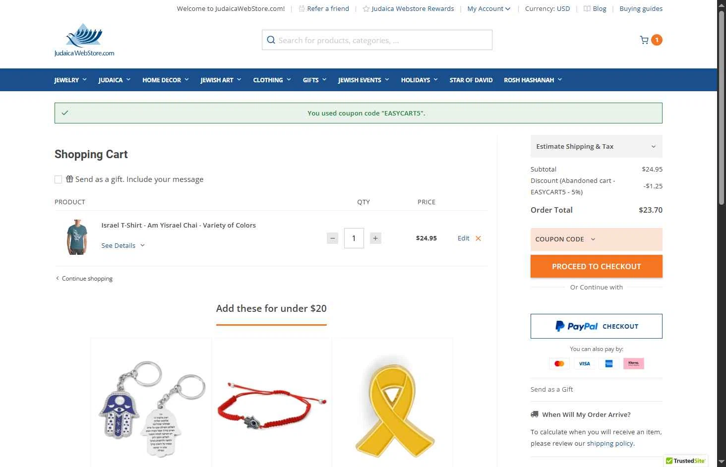 Judaica Web Store checkout page showing Judaica Web Store promo code box | Screenshot taken by SimplyCodes community member on Sep 13, 2025