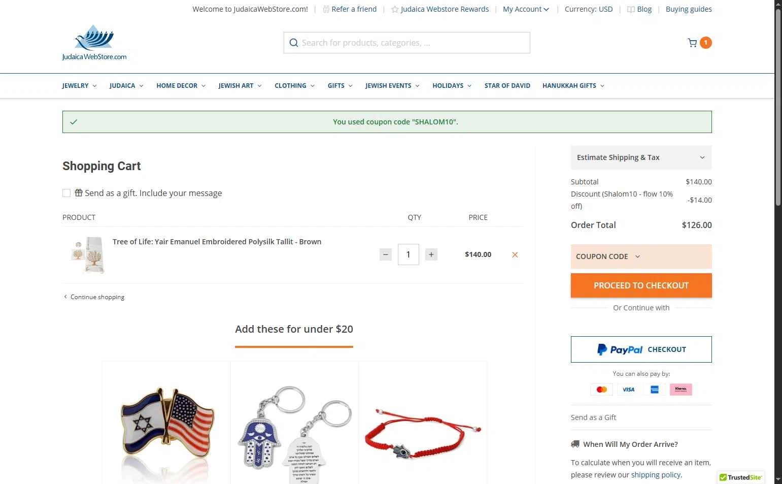 Judaica Web Store checkout page showing Judaica Web Store promo code box | Screenshot taken by SimplyCodes community member on Oct 12, 2025