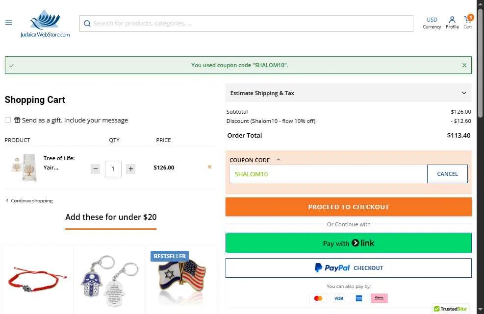Judaica Web Store checkout page showing Judaica Web Store promo code box | Screenshot taken by SimplyCodes community member on Nov 10, 2025