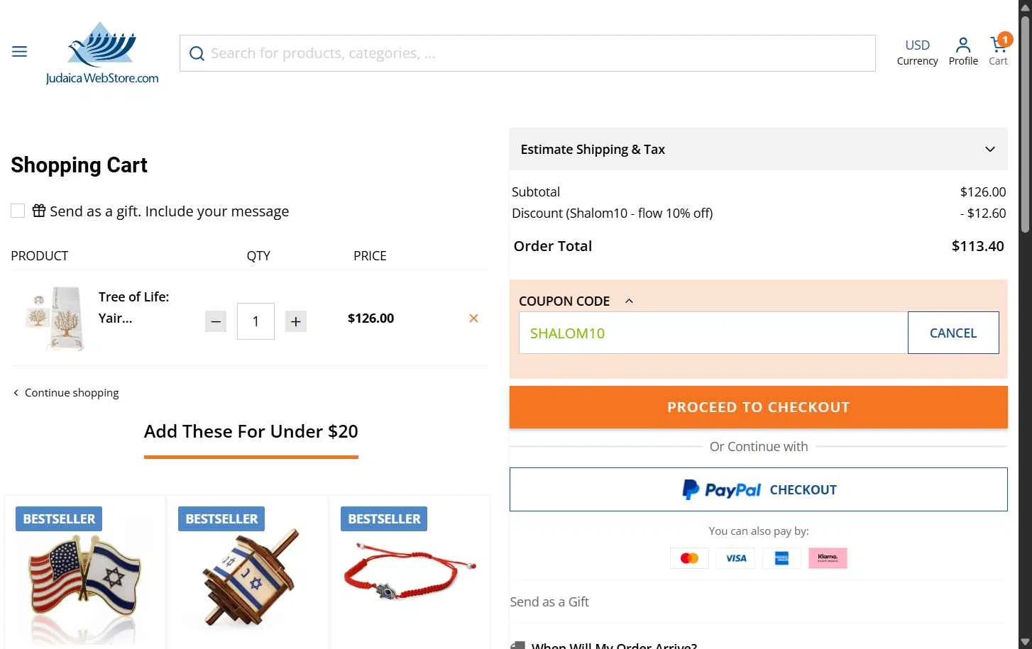 Judaica Web Store checkout page showing Judaica Web Store promo code box | Screenshot taken by SimplyCodes community member on Dec 9, 2025