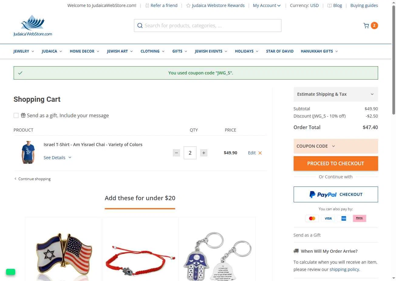 Judaica Web Store checkout page showing Judaica Web Store promo code box | Screenshot taken by SimplyCodes community member on Oct 21, 2025