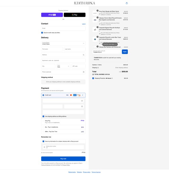 Judith Ripka checkout page showing Judith Ripka discount code box | Screenshot taken by SimplyCodes community member on Aug 19, 2025