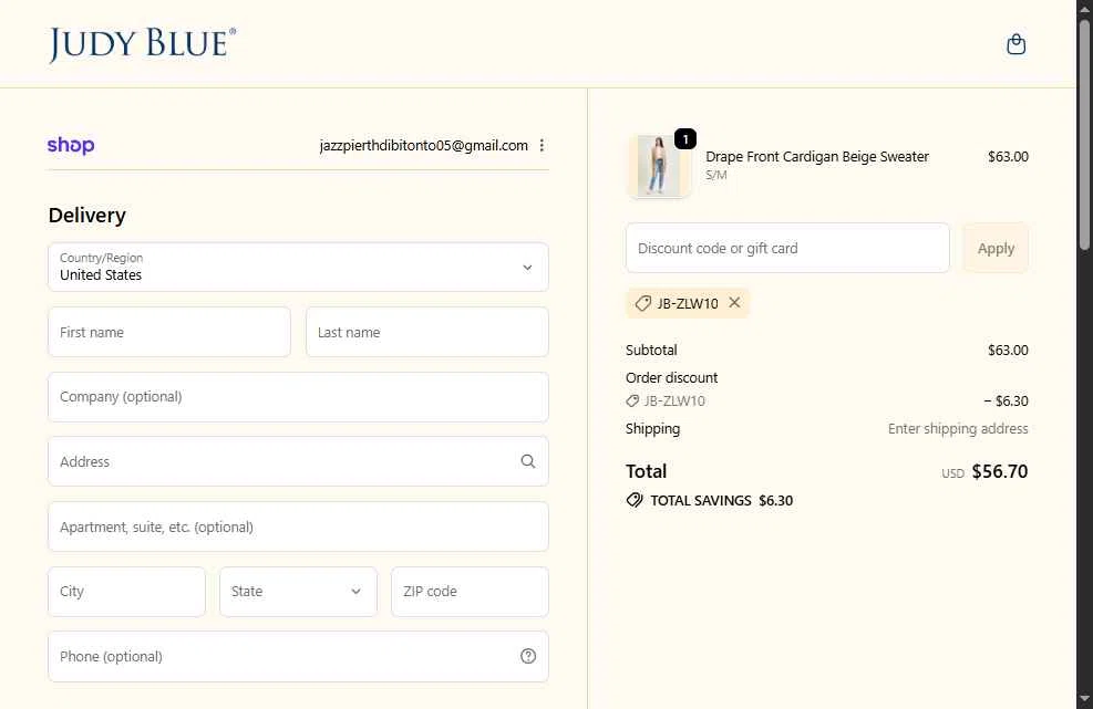 Judy Blue checkout page showing Judy Blue discount code box | Screenshot taken by SimplyCodes community member on Feb 13, 2026