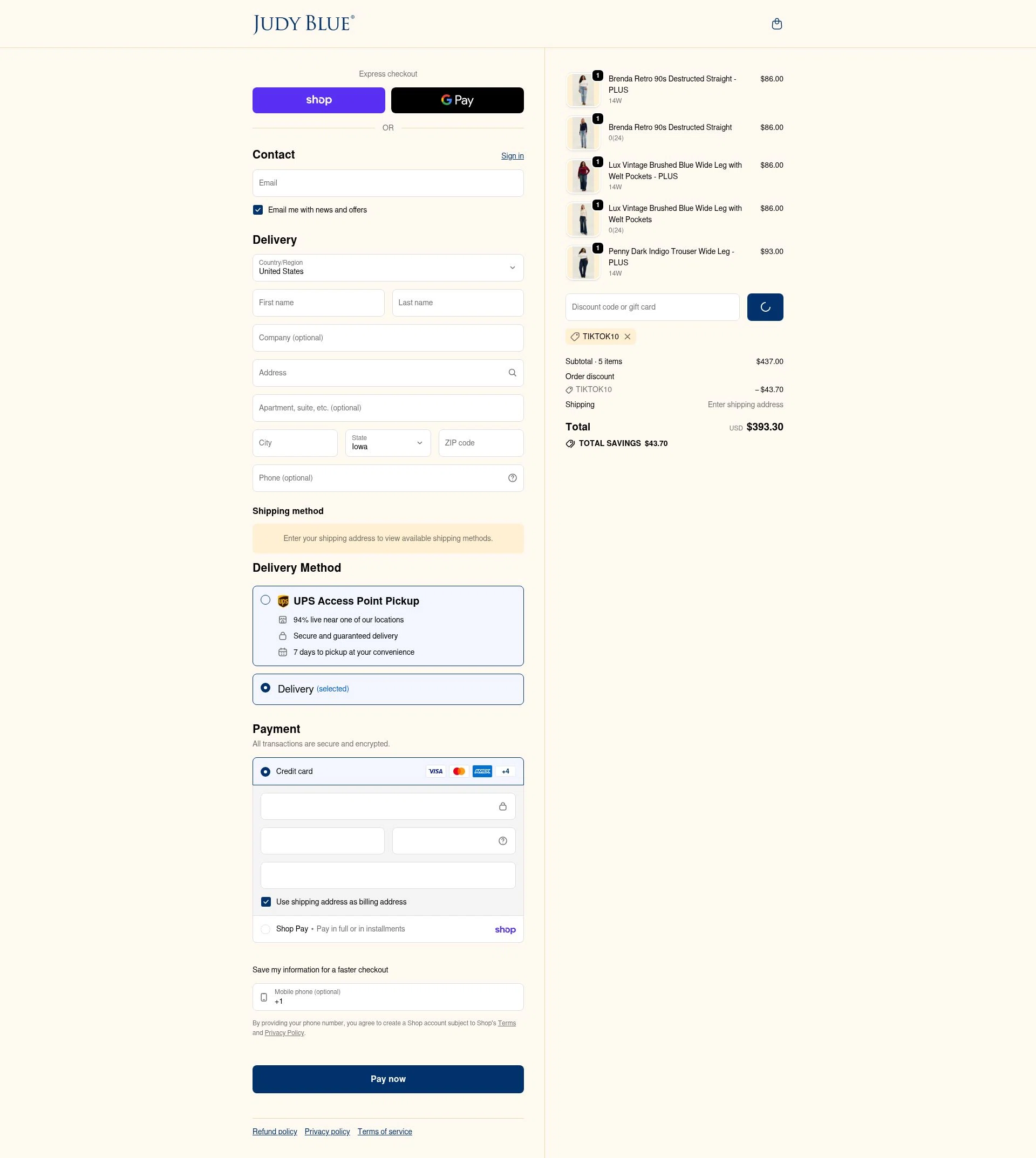 Judy Blue checkout page showing Judy Blue discount code box | Screenshot taken by SimplyCodes community member on Feb 9, 2026