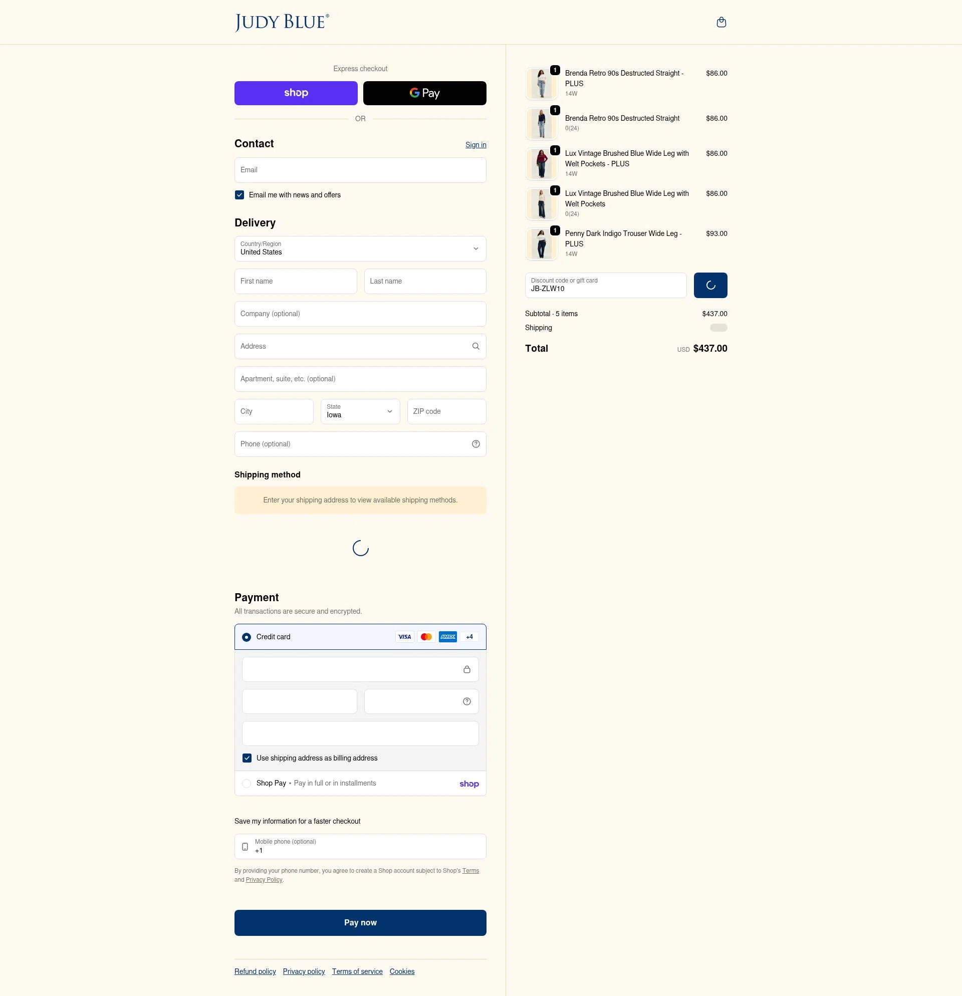 Judy Blue checkout page showing Judy Blue discount code box | Screenshot taken by SimplyCodes community member on Feb 13, 2026