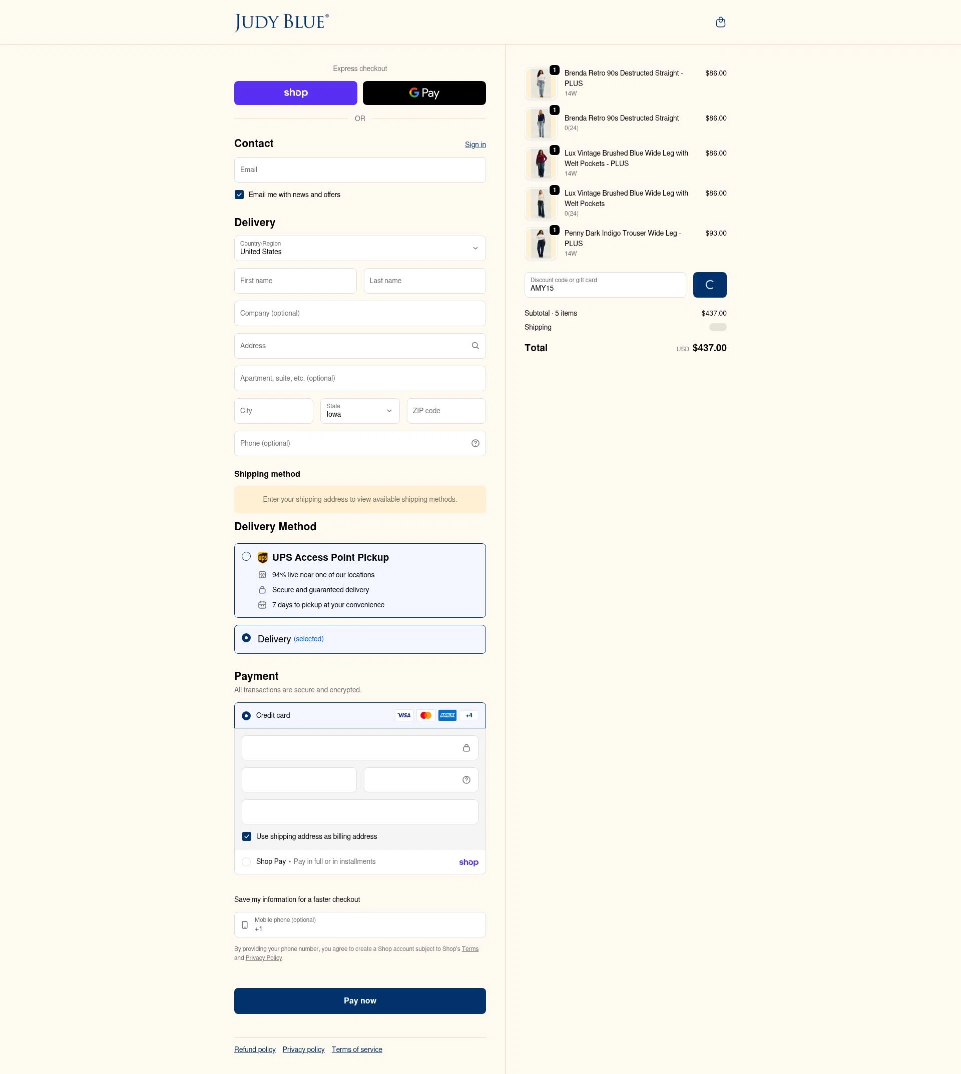 Judy Blue checkout page showing Judy Blue discount code box | Screenshot taken by SimplyCodes community member on Feb 9, 2026