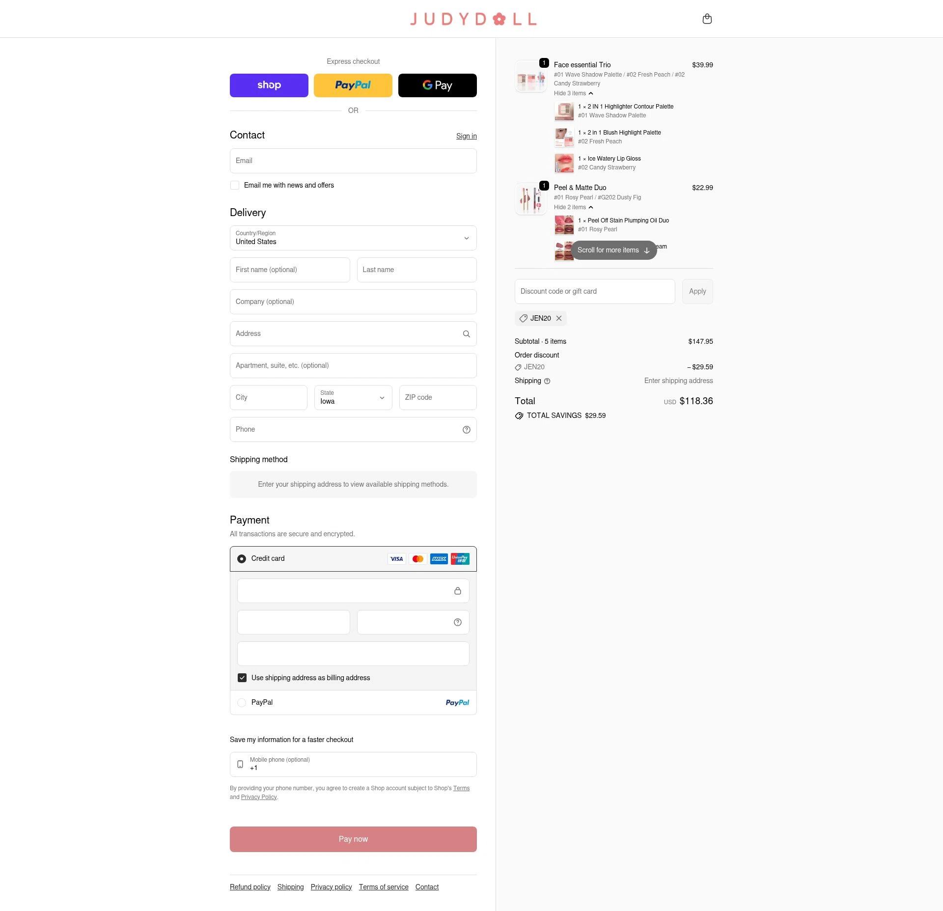 Judydoll checkout page showing Judydoll discount code box | Screenshot taken by SimplyCodes community member on Feb 15, 2026