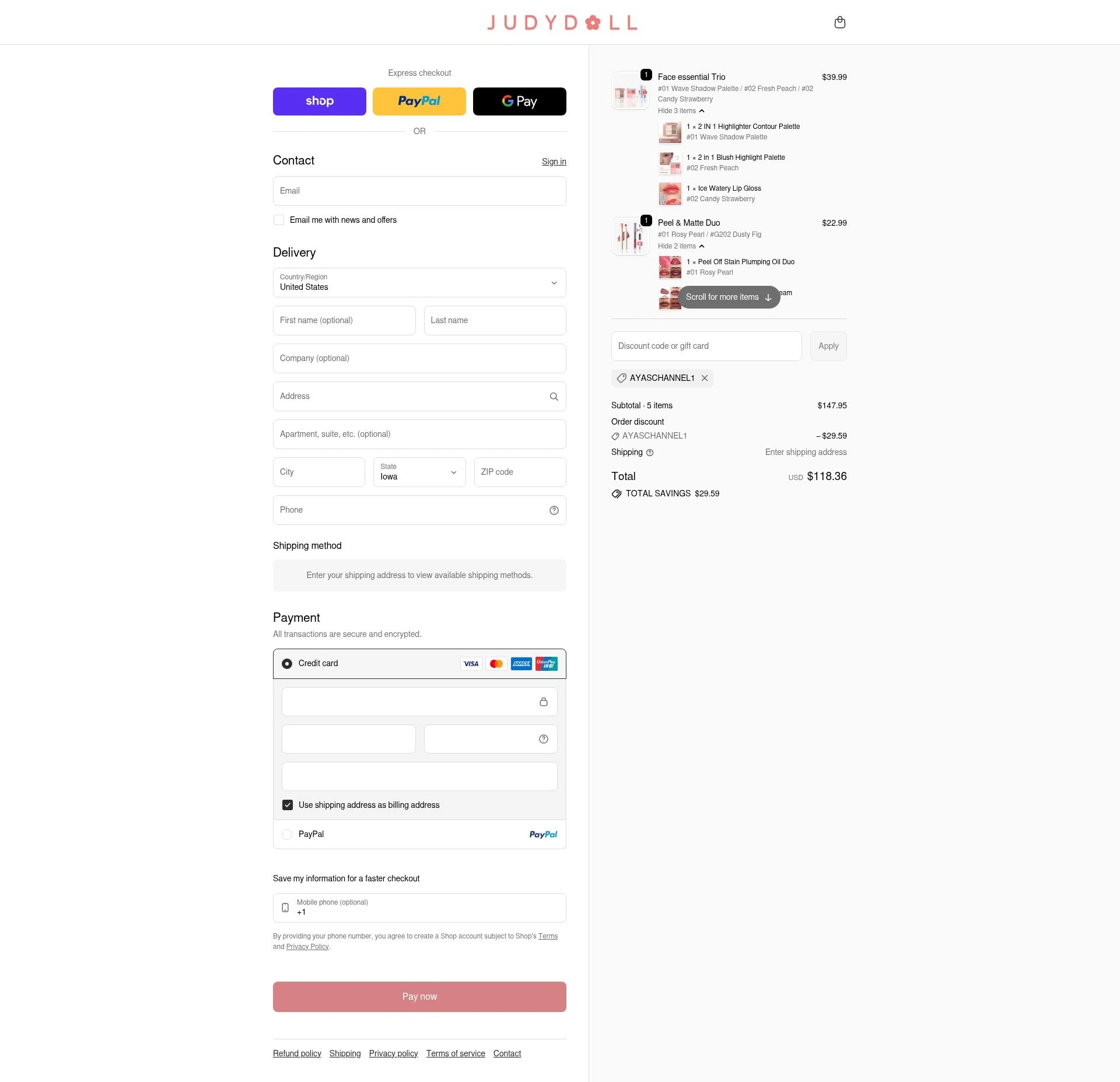 Judydoll checkout page showing Judydoll discount code box | Screenshot taken by SimplyCodes community member on Feb 15, 2026