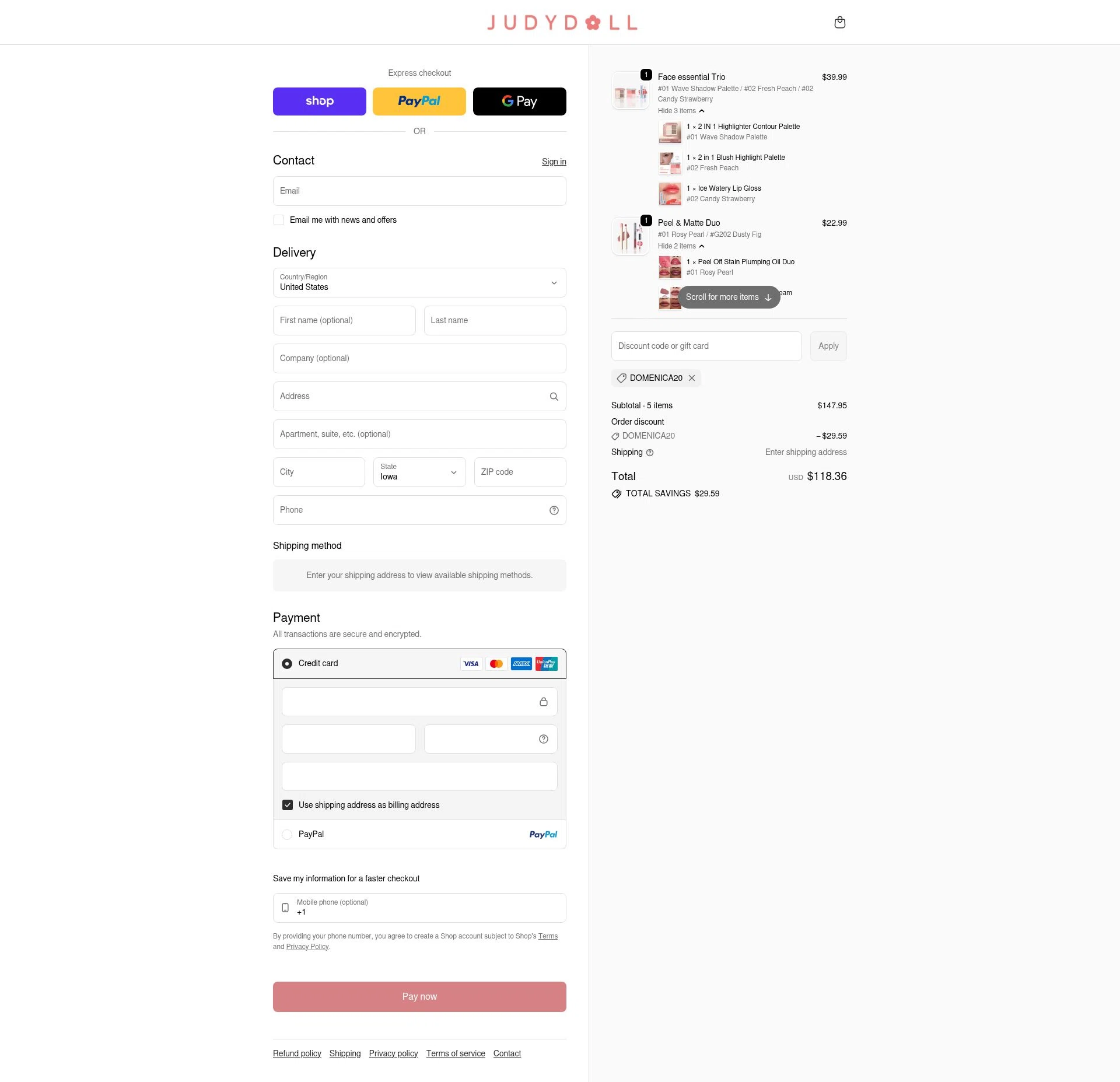 Judydoll checkout page showing Judydoll discount code box | Screenshot taken by SimplyCodes community member on Feb 15, 2026