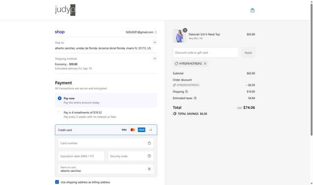 JudyP Apparel checkout page showing JudyP Apparel promo code box | Screenshot taken by SimplyCodes community member on Sep 14, 2025