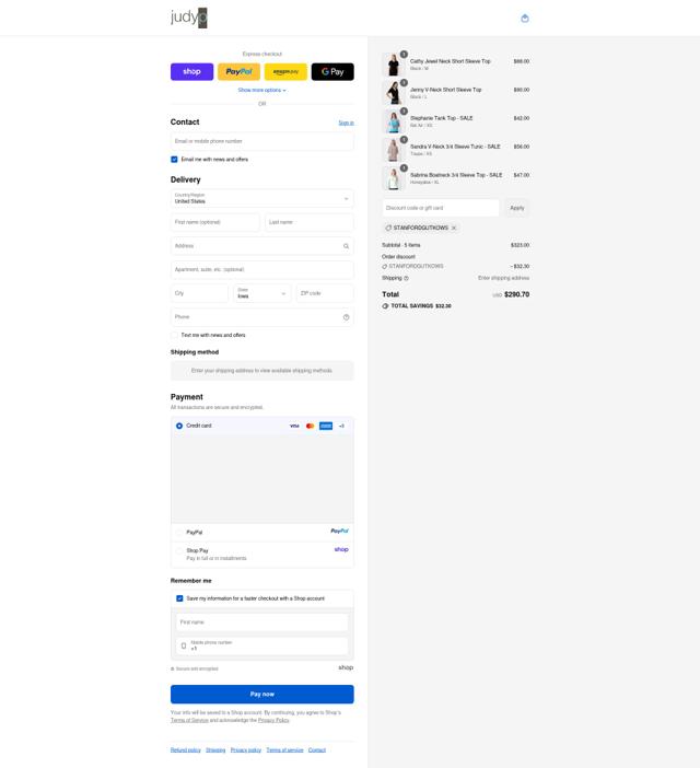 JudyP Apparel checkout page showing JudyP Apparel promo code box | Screenshot taken by SimplyCodes community member on Sep 13, 2025