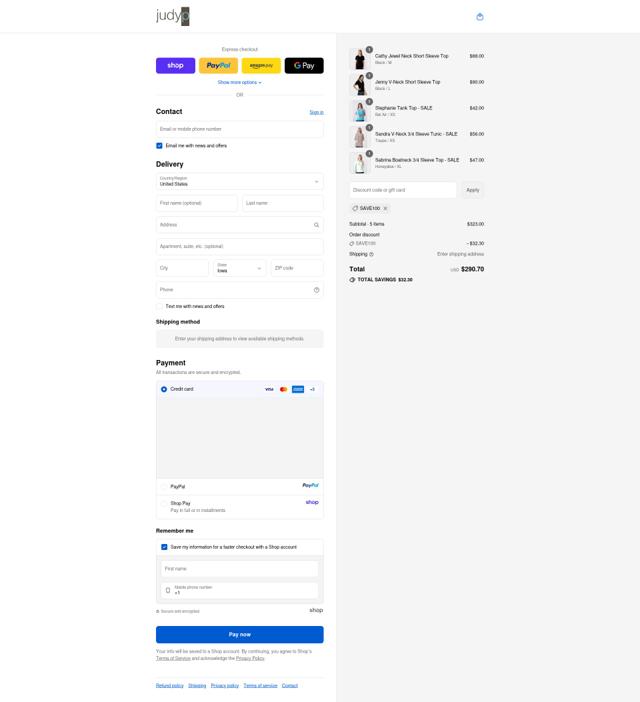JudyP Apparel checkout page showing JudyP Apparel promo code box | Screenshot taken by SimplyCodes community member on Sep 13, 2025