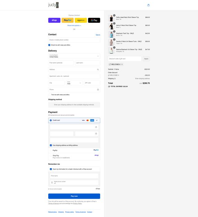 JudyP Apparel checkout page showing JudyP Apparel promo code box | Screenshot taken by SimplyCodes community member on Sep 13, 2025