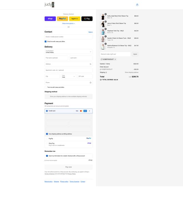 JudyP Apparel checkout page showing JudyP Apparel promo code box | Screenshot taken by SimplyCodes community member on Sep 13, 2025